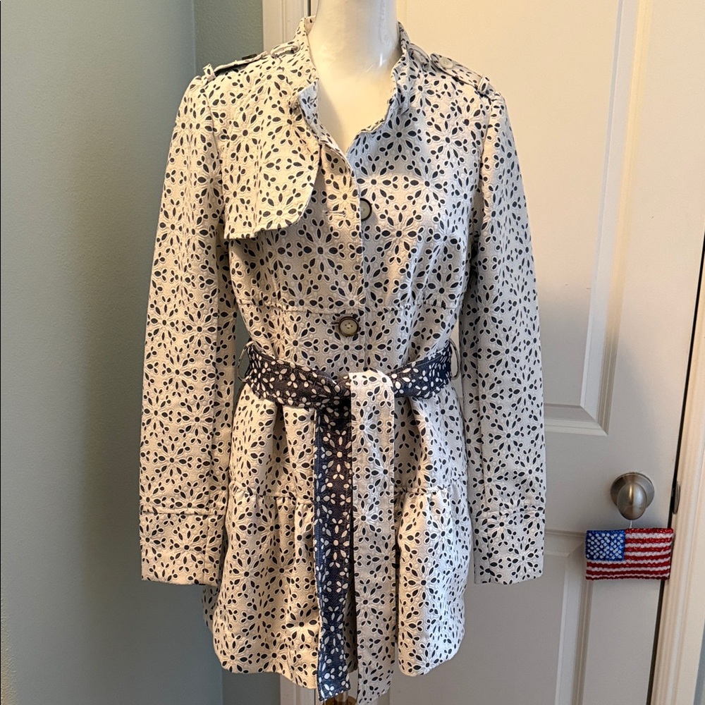 Elevenses by Anthropology Blue and White Patterned Trench Coat